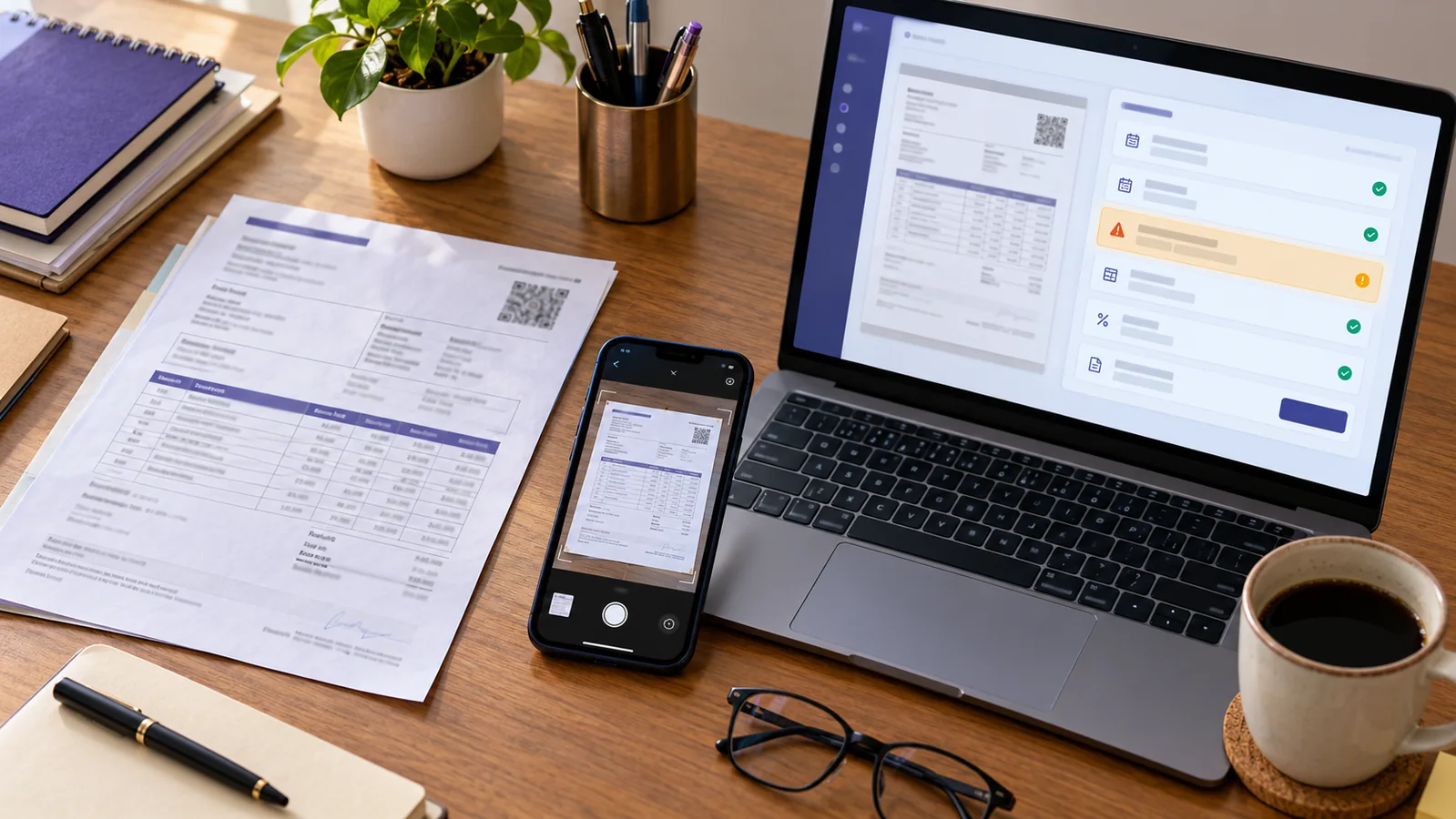 Supplier invoice moving through capture, validation and human review before reaching the purchase register
