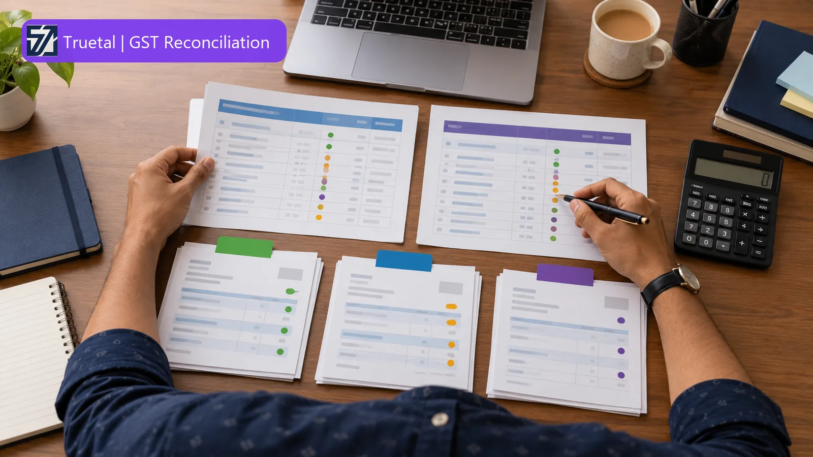 Indian accounting professional comparing purchase-register and GSTR-2B records at a desk, with records sorted into review groups