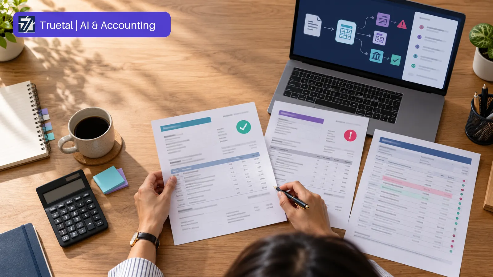 Accountant reviewing purchase invoices beside a laptop that groups AI-assisted accounting workflow exceptions for human approval.