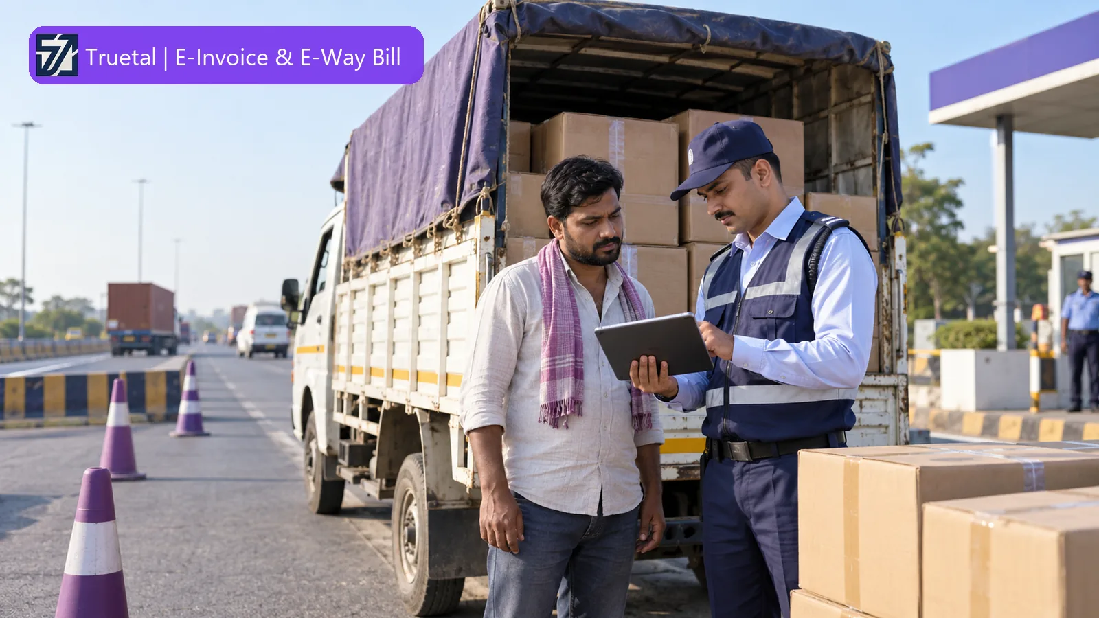 Goods vehicle stopped for document verification with invoice and e-way bill records ready for inspection.