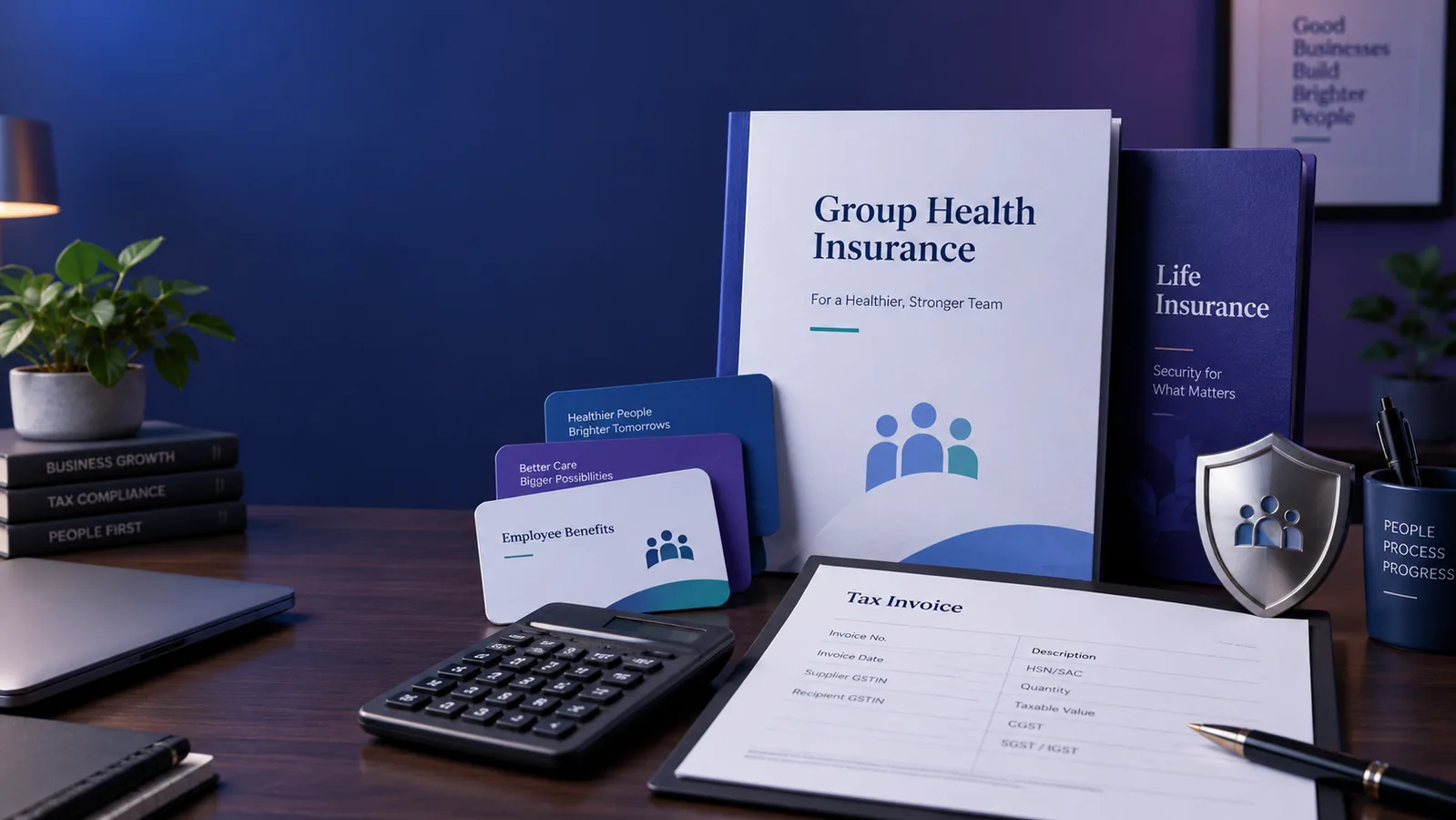 Employer group health and life insurance documents beside a GST tax invoice and calculator on a blue office desk.