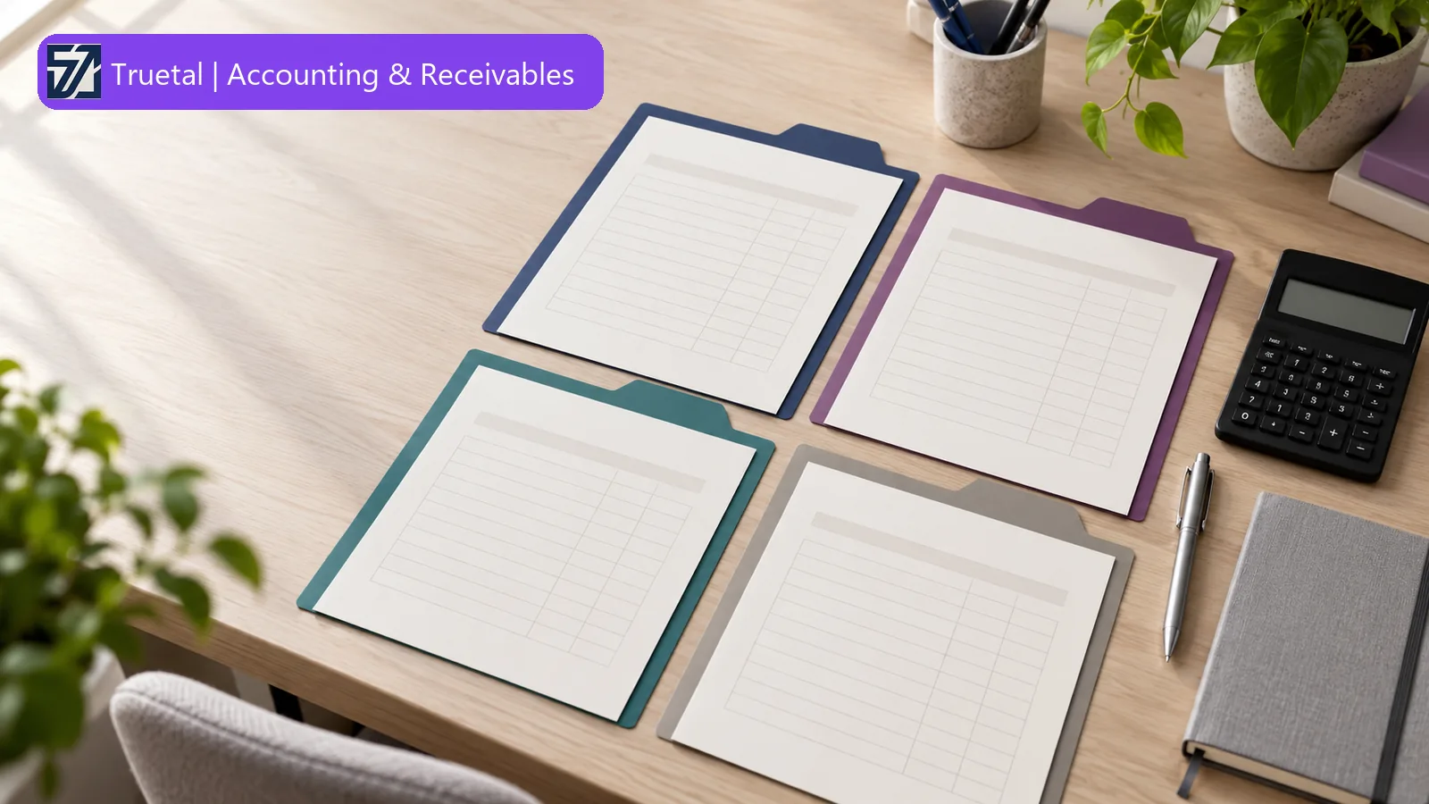 Illustrative desk with a calculator, blank comparison sheets and organised folders for comparing accounting support arrangements.