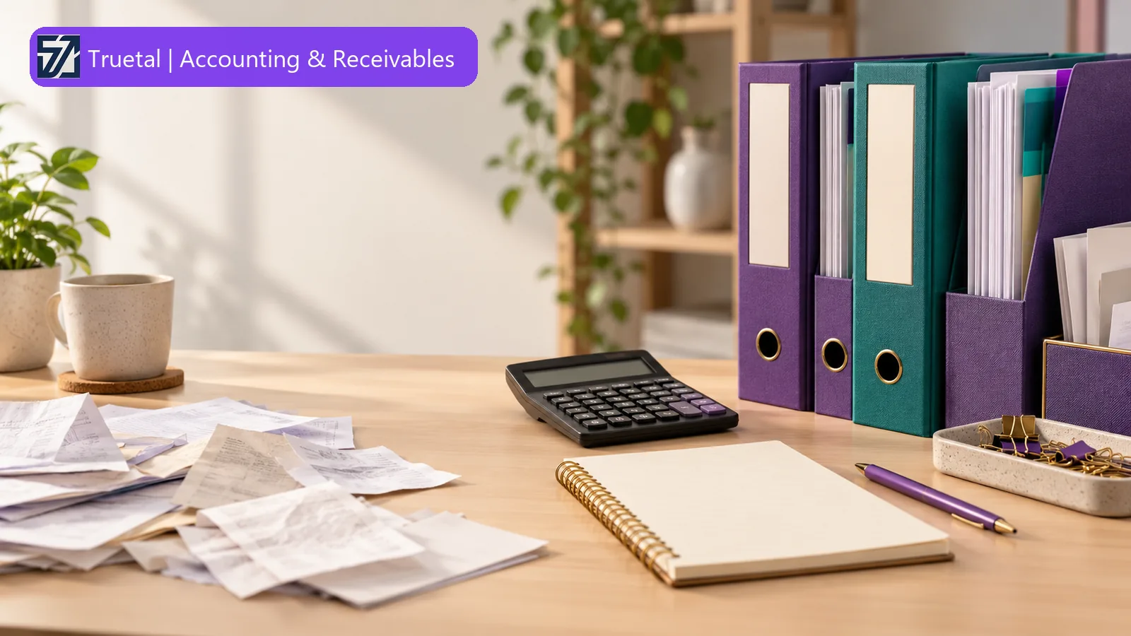 Illustrative accounting desk with organised document folders, a calculator and a notebook for reviewing a small-business backlog.