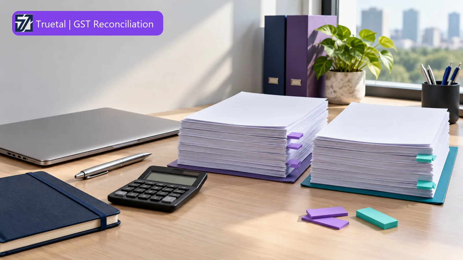 Illustrative comparison desk with two separate stacks of unmarked records, review tabs, a calculator and a closed laptop; no actual taxpayer records.