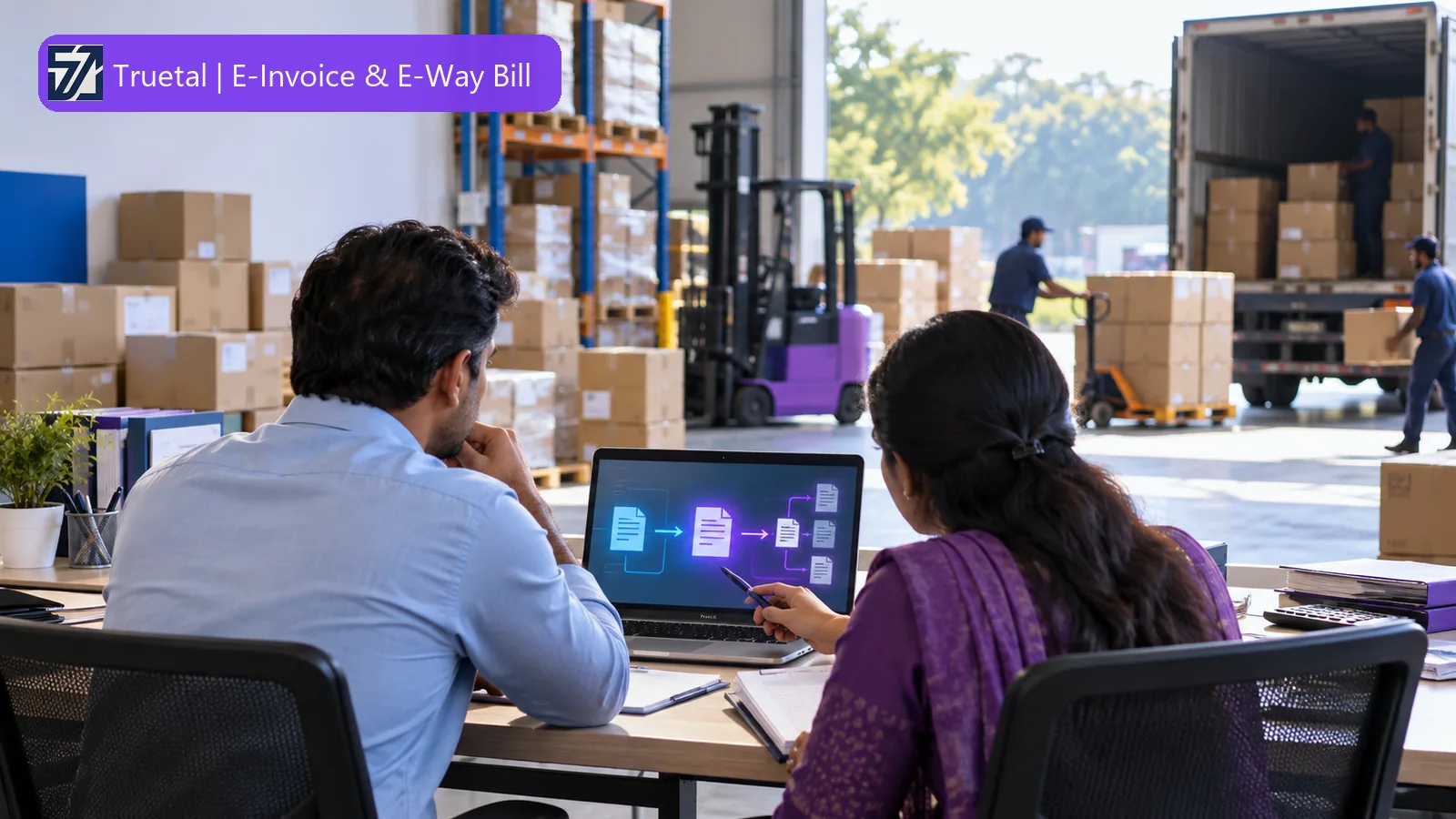 Indian finance team reviewing invoice-data readiness beside a warehouse dispatch operation before applying the e-invoice applicability tests.