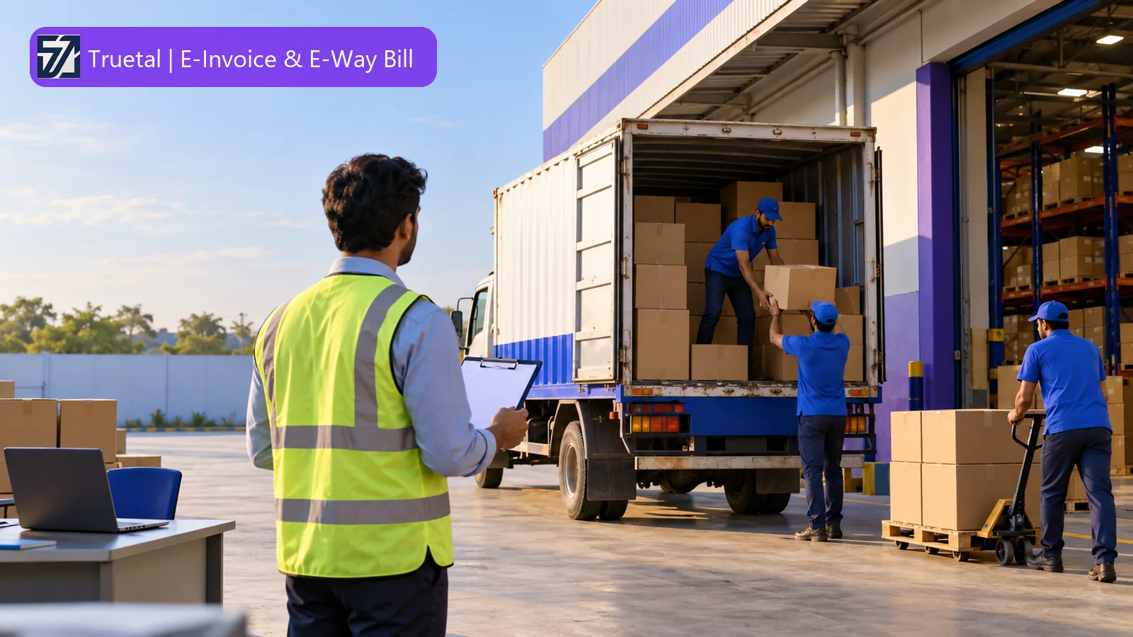 Indian dispatch supervisor checking movement records while goods are loaded for transport under an e-way-bill review workflow.