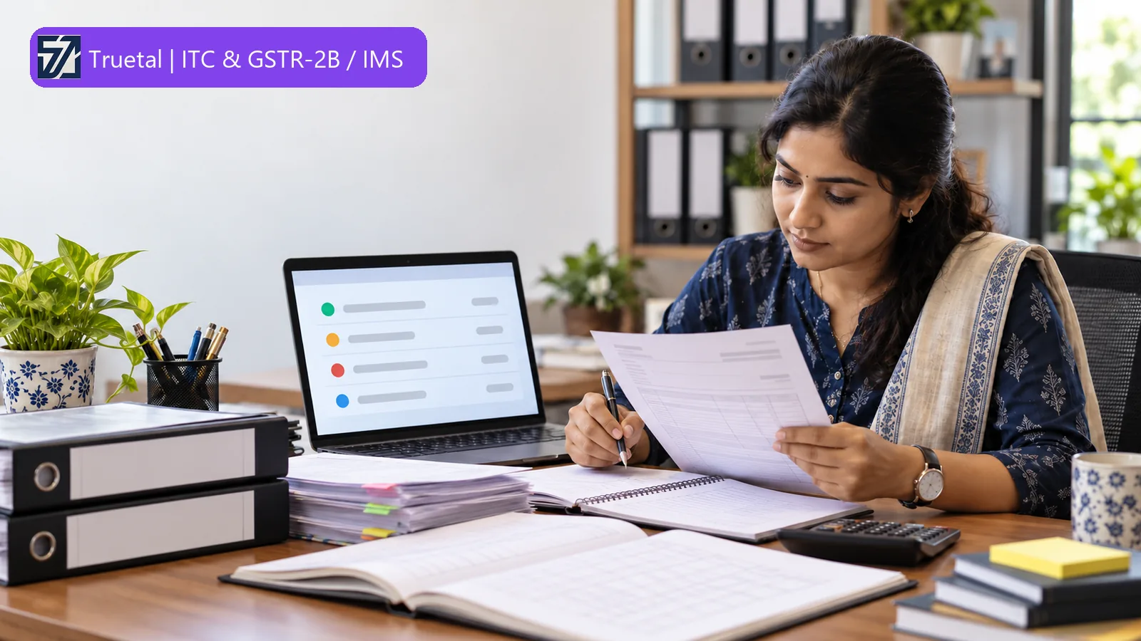 Indian finance professional comparing supplier invoices with a neutral four-state review queue before choosing a GST IMS action.