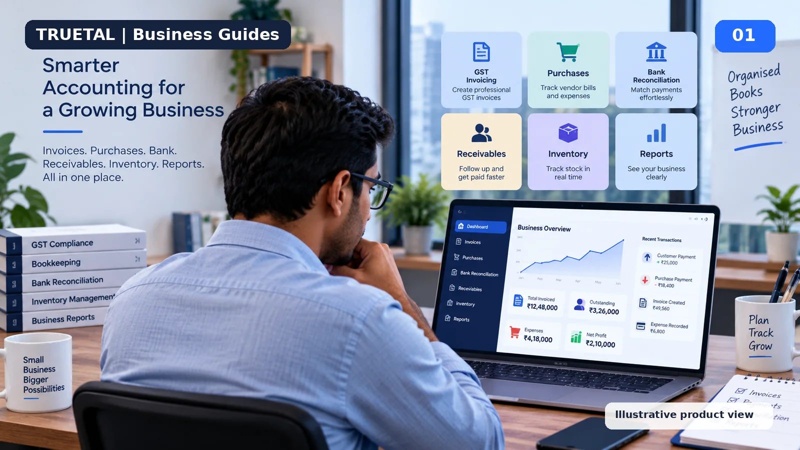 Indian small business owner comparing connected GST accounting, purchases, bank reconciliation, receivables, inventory and reports