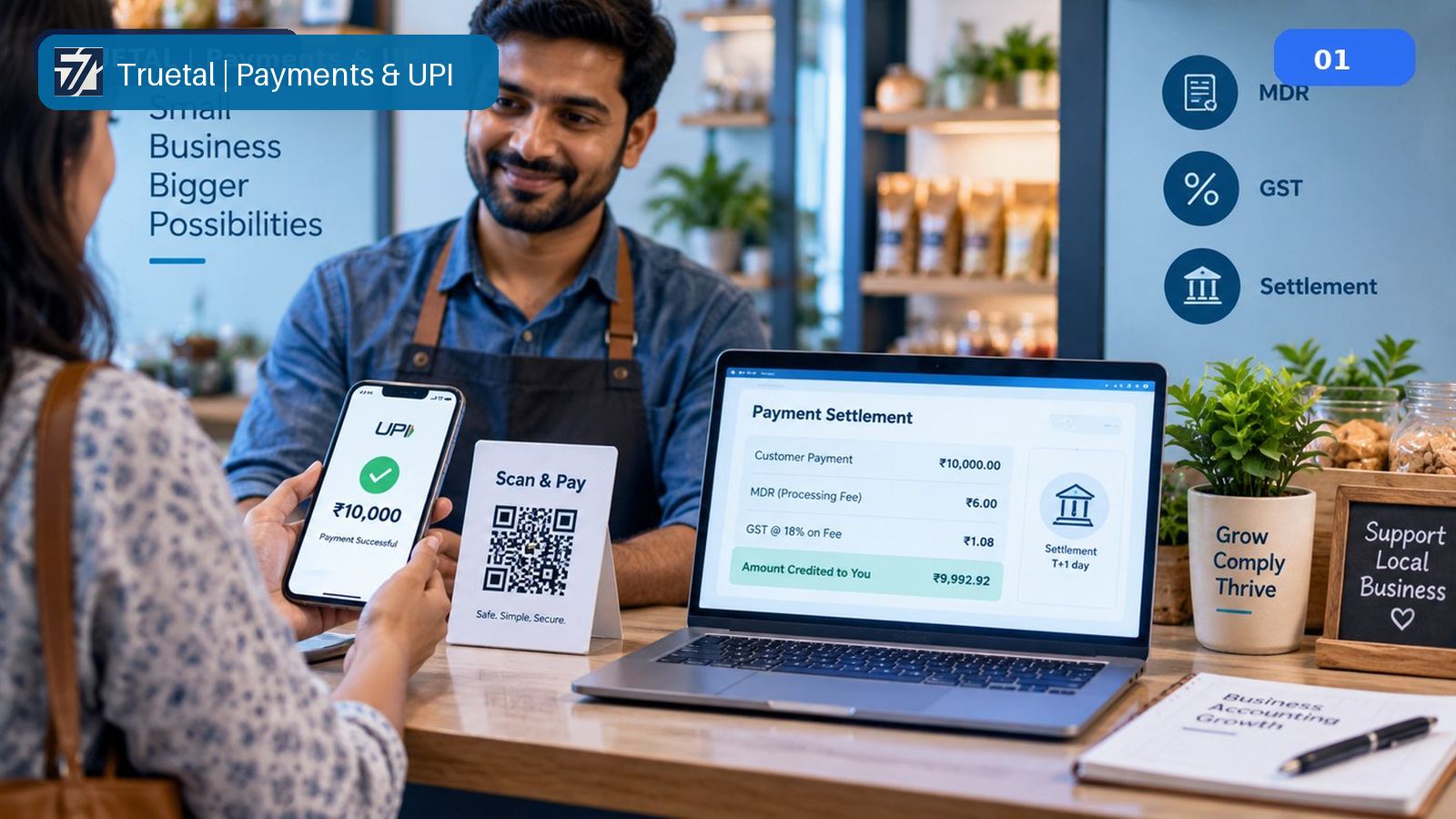 Diagram showing a ₹10,000 UPI customer payment flowing through a payment processor that deducts MDR and GST-on-fee separately, before net settlement reaches the merchant bank account.