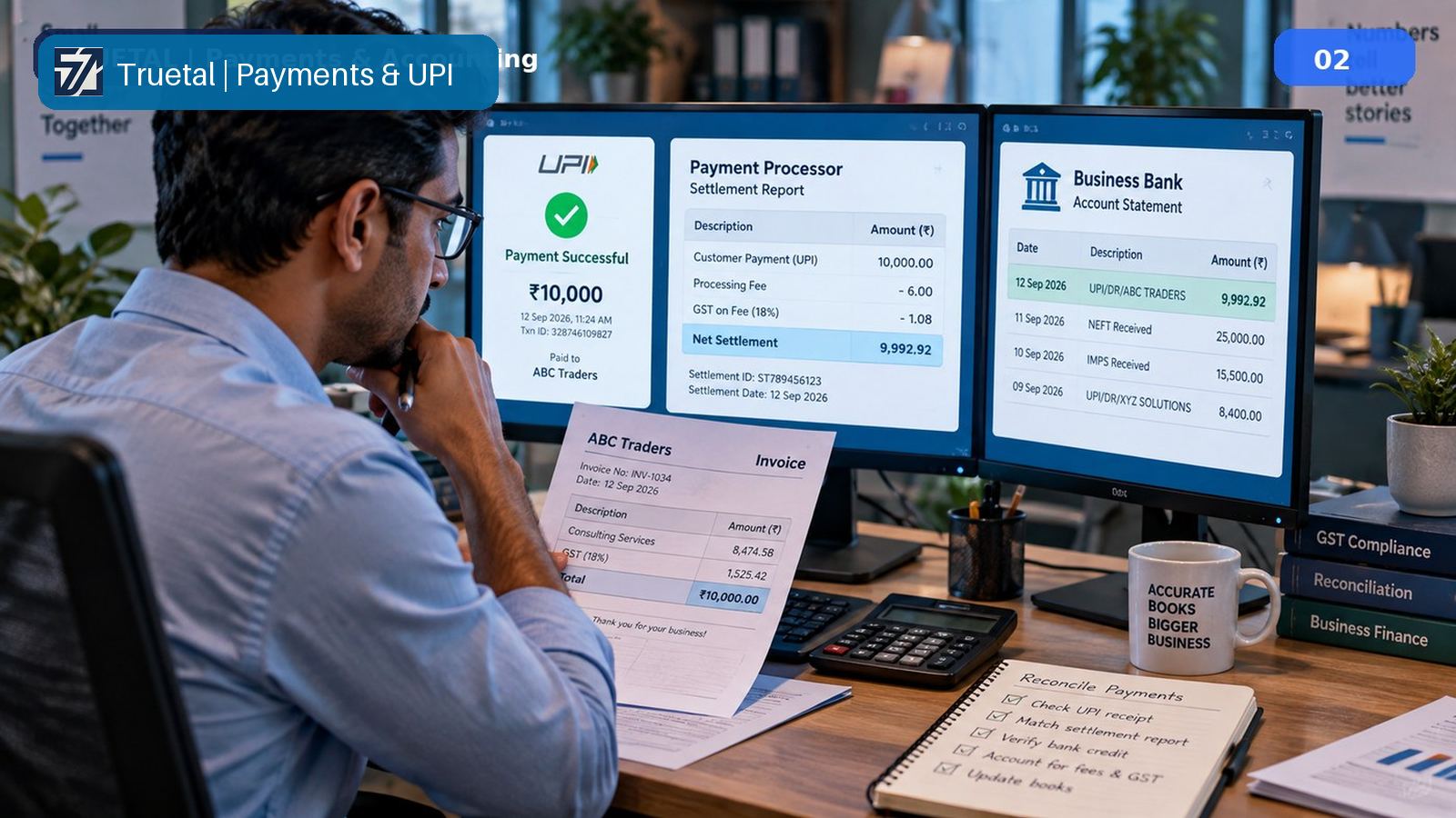 A ledger icon representing the bridge between a customer invoice, a settlement clearing account, and the final bank credit.