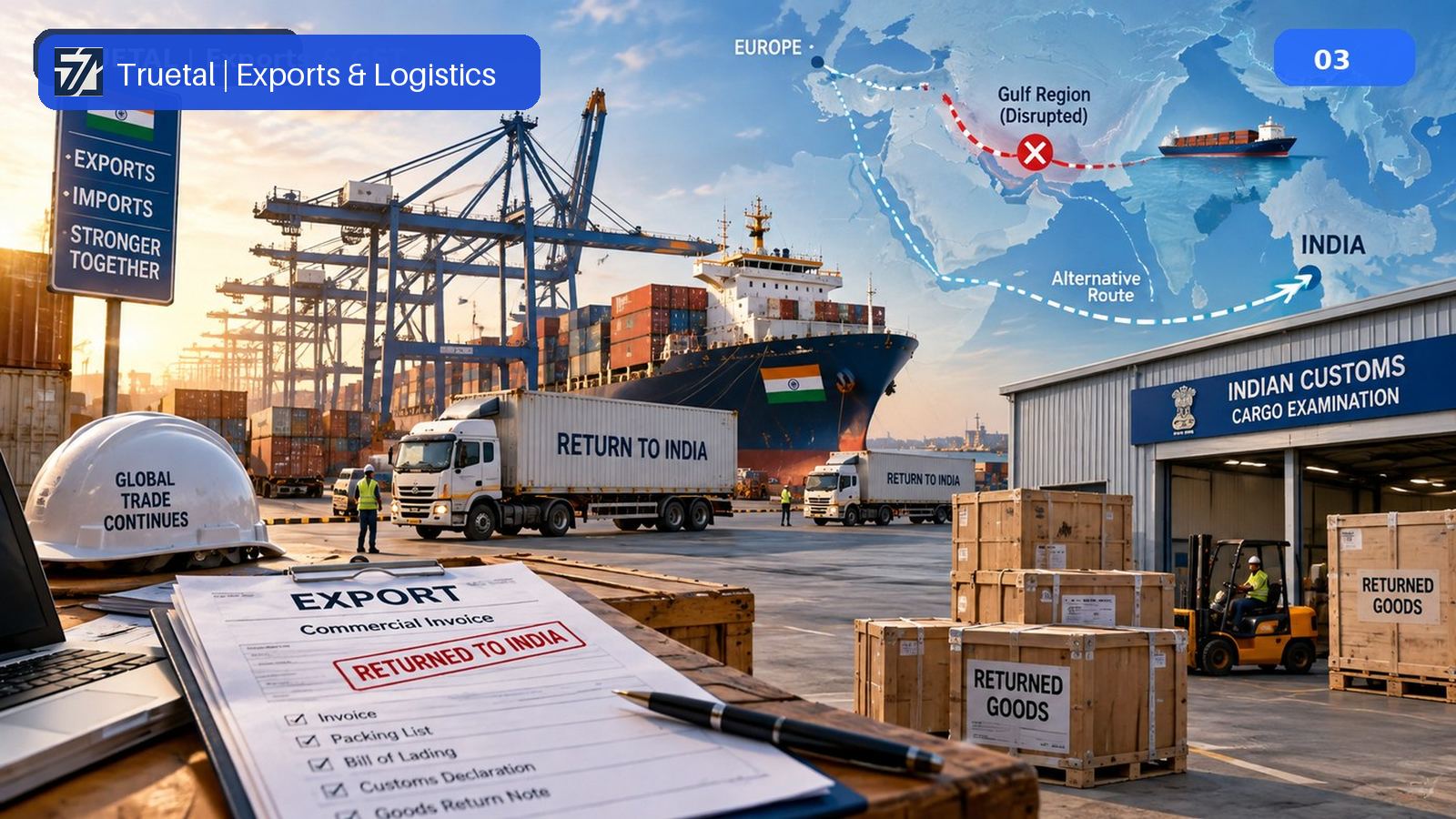 A ship icon representing export cargo that may need to return to an Indian port due to regional shipping disruption.