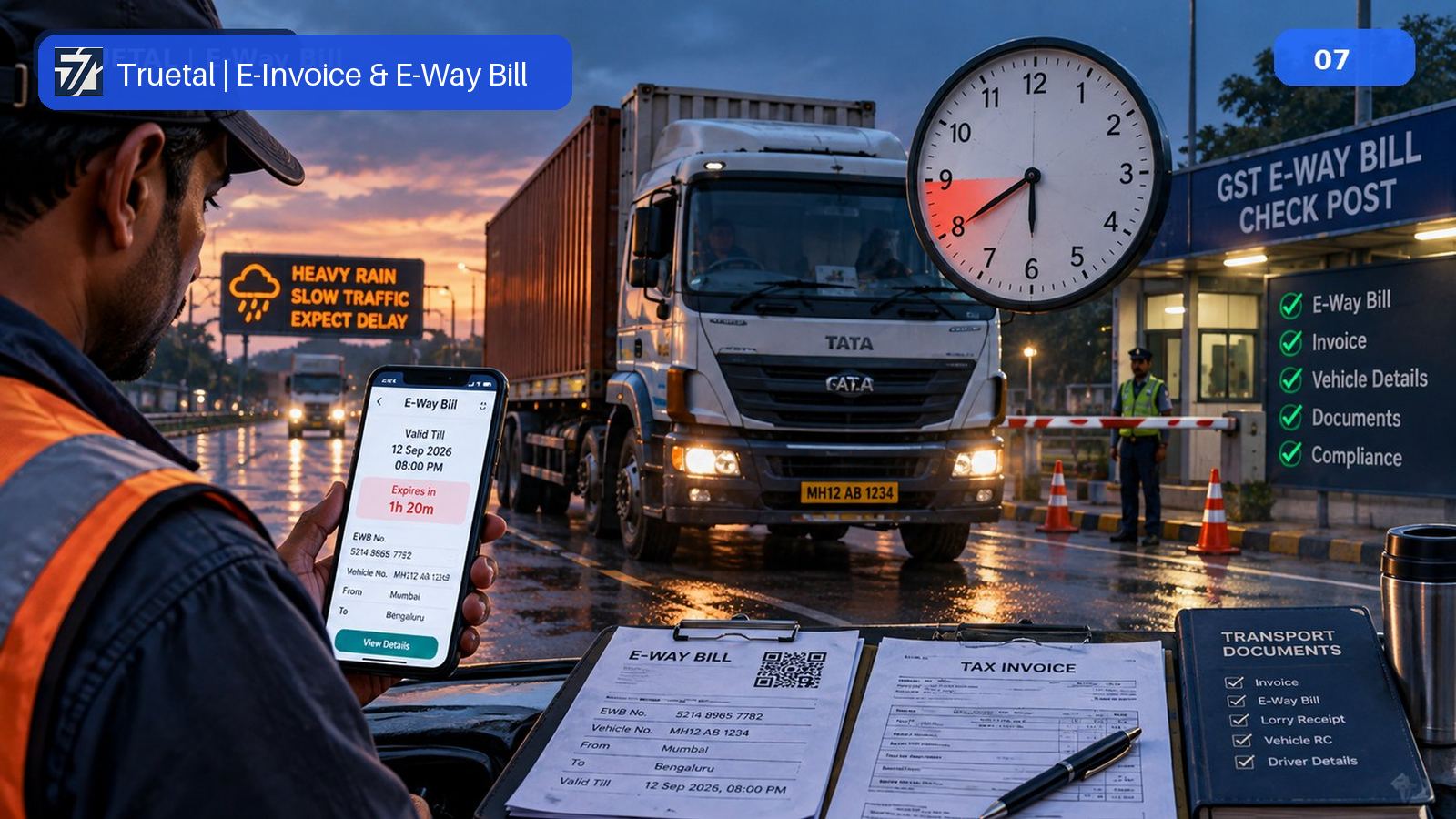 A truck icon paired with a clock representing the e-way bill extension window around expiry.