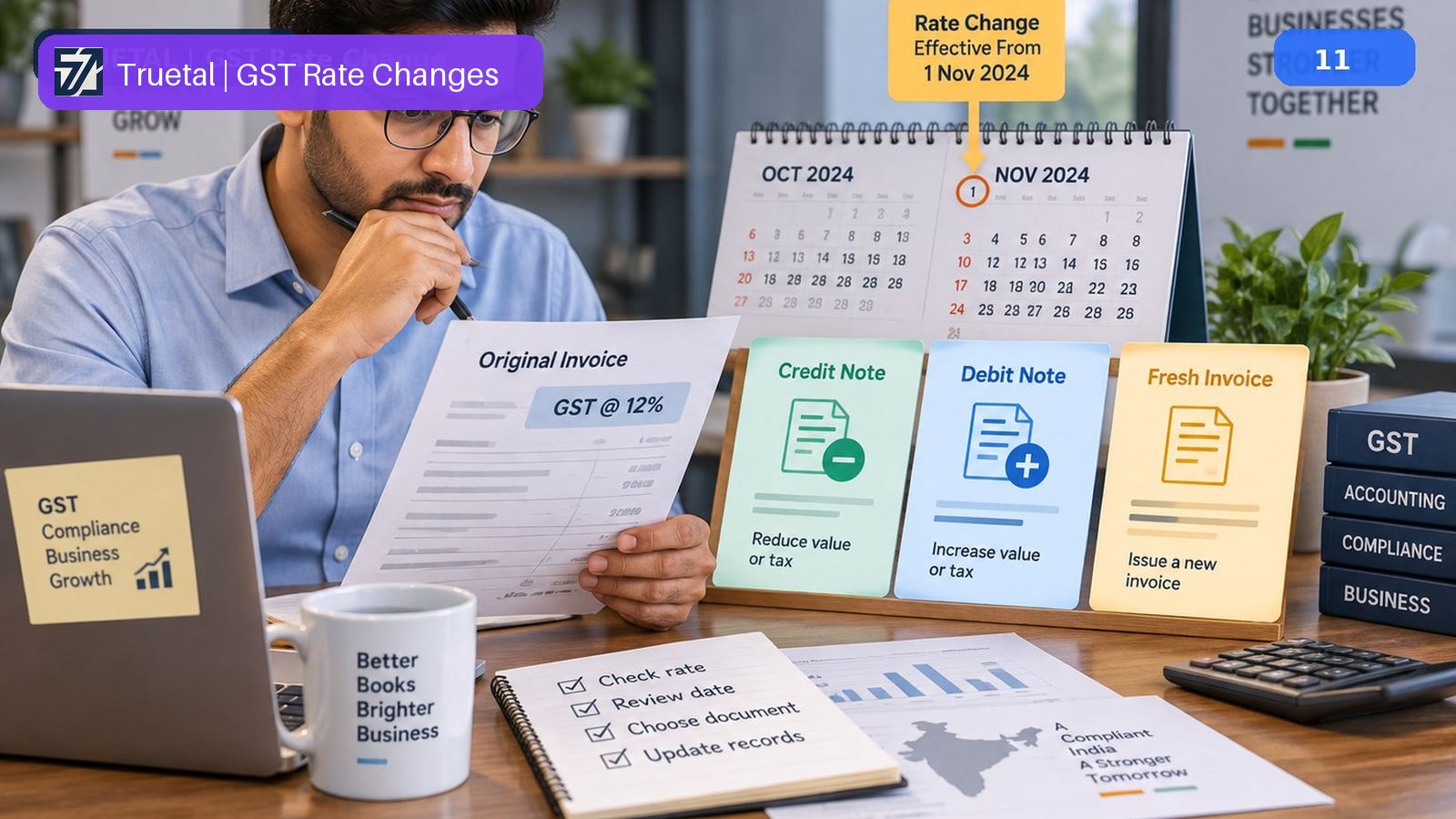 An invoice icon representing correction of an invoice issued at a superseded GST rate.