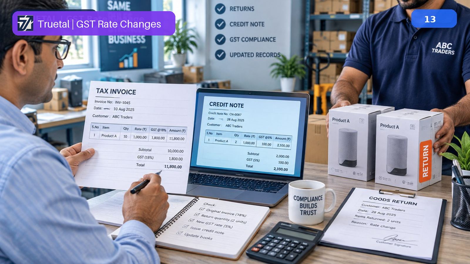 An invoice icon representing a sales return credit note issued after a GST rate change.