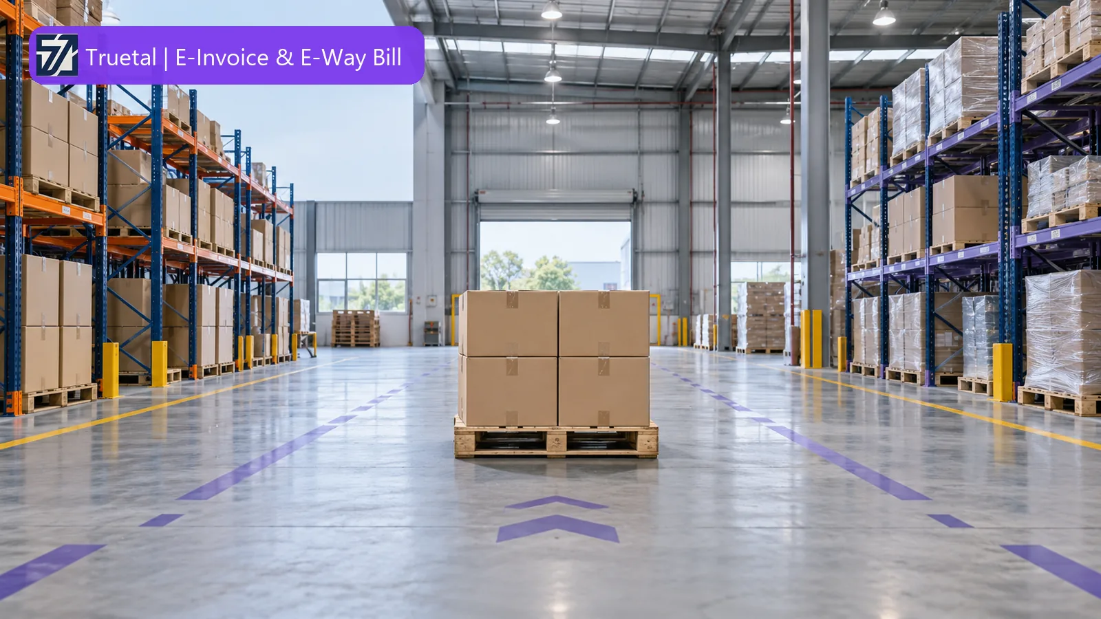 Two Indian warehouses exchanging boxed inventory with GST registration and dispatch records on a logistics desk