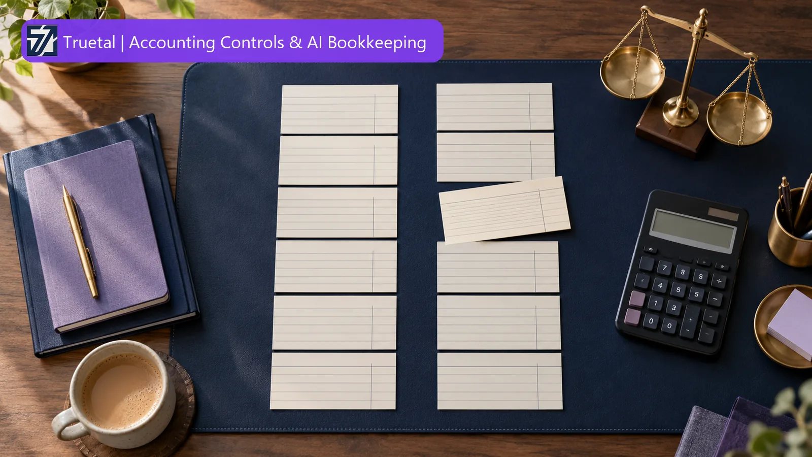 Top-down accounting desk with debit and credit cards, a balance scale, notebook and calculator