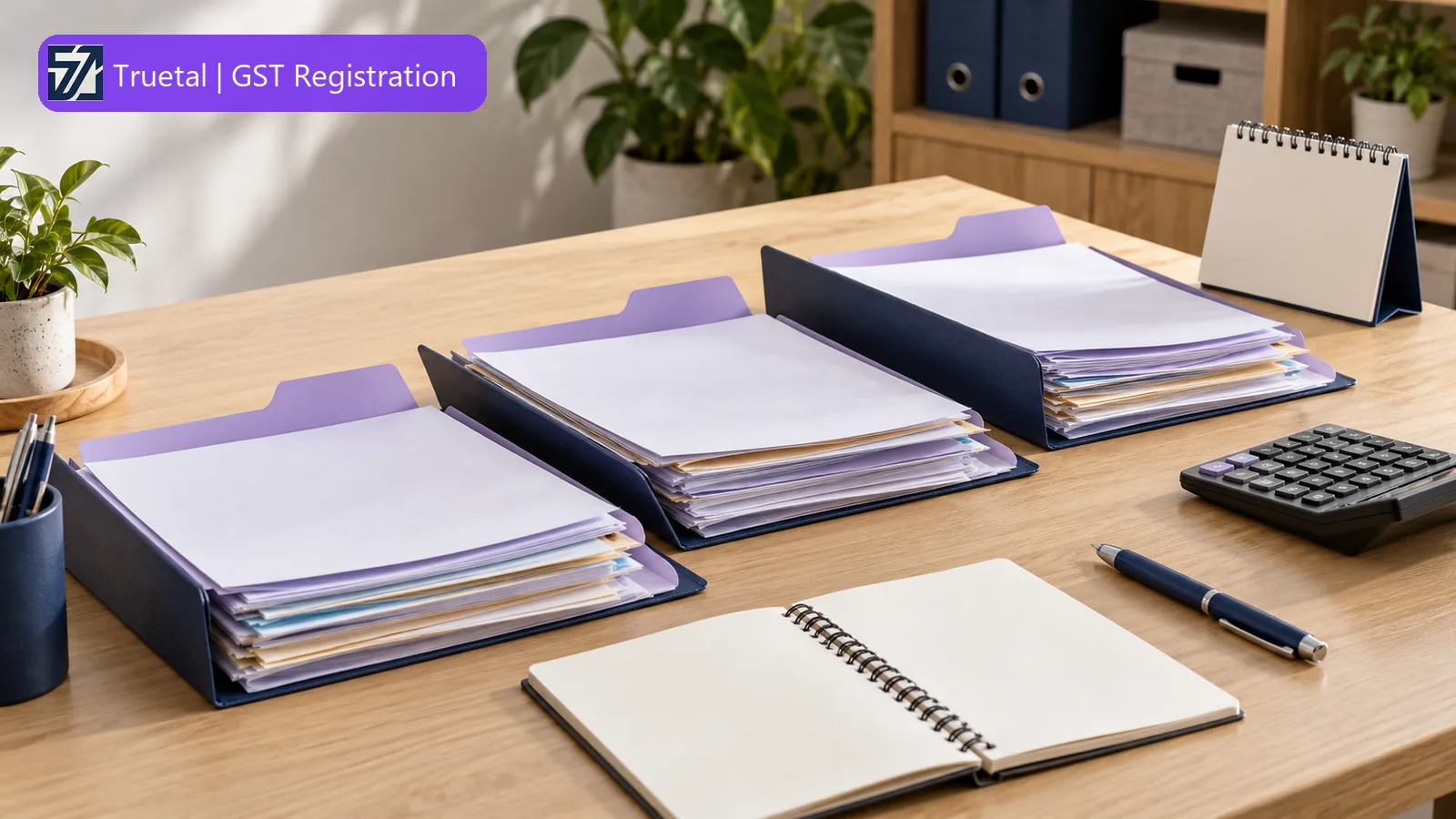 Illustrative desk still-life with document folders, a calculator, a blank notebook and calendar for reviewing monthly GST registration records.