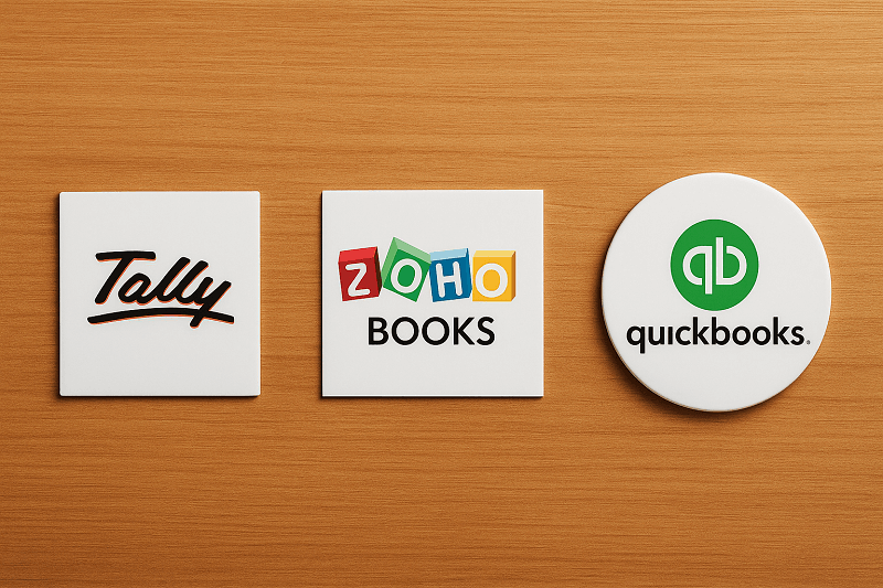 Flat lay of Tally, Zoho Books, and QuickBooks logos on a wooden surface, representing a comparison of popular accounting software tools-ABC