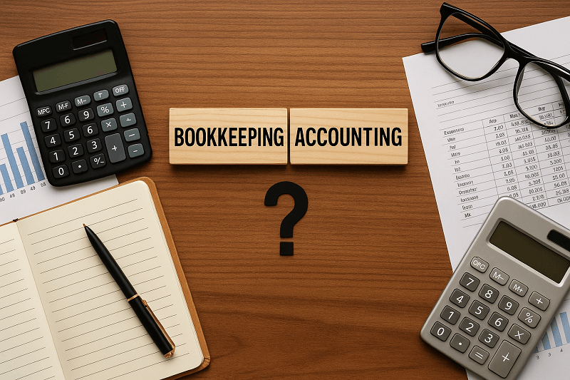 Flat lay of a financial workspace with calculators, notebook, pen, and wooden tiles labeled bookkeeping and accounting separated by a question mark on a wooden desk.