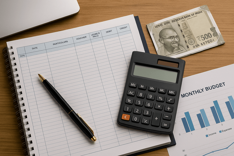 Flat lay of accounting tools on a wooden desk including a ledger book, calculator, Indian currency notes, and financial documents with a monthly budget chart.