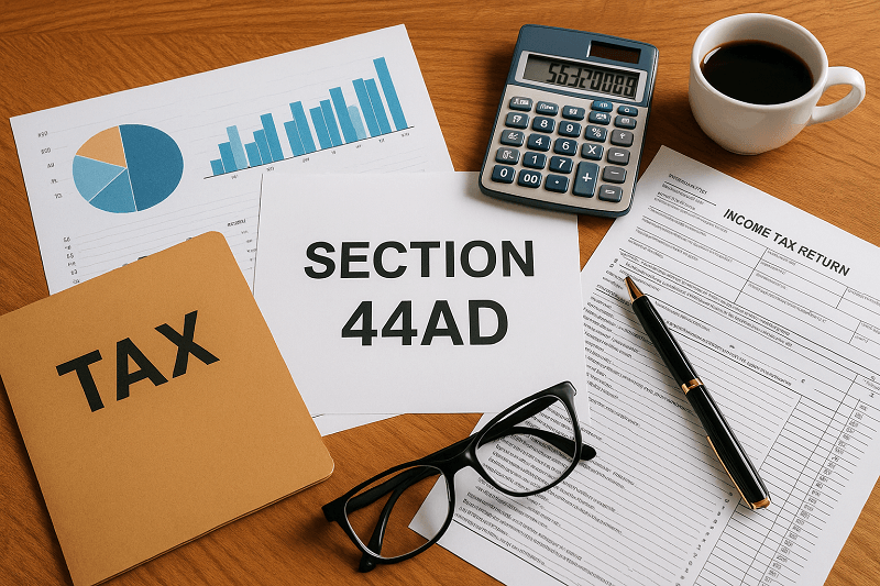 A high-resolution image of a clean, organized desk with tax forms, calculator, digital payment receipts, and a laptop—symbolizing simple and digital tax filing for small businesses under Section 44AD.