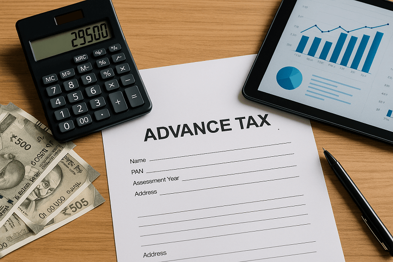 A professional workspace with tax forms, a calculator, Indian Rupee notes, and a digital tablet displaying financial graphs—visually representing advance tax planning for Indian small businesses.