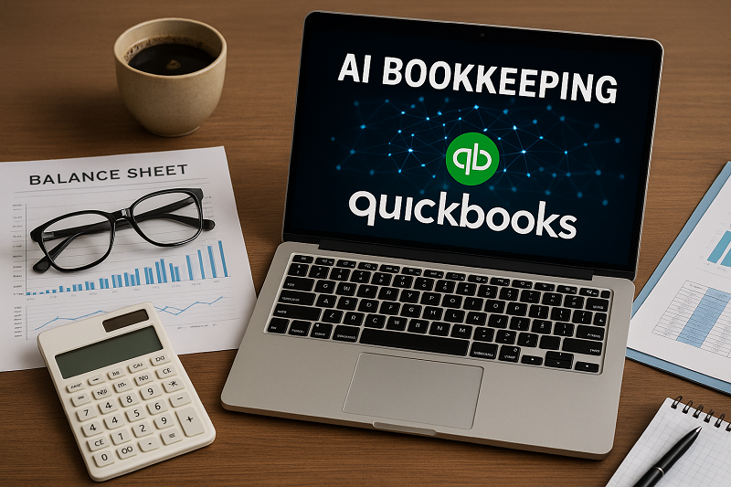 High-resolution flat lay of a business workspace featuring QuickBooks interface on a laptop, financial documents, calculator, and AI-related icons, symbolizing smart bookkeeping automation