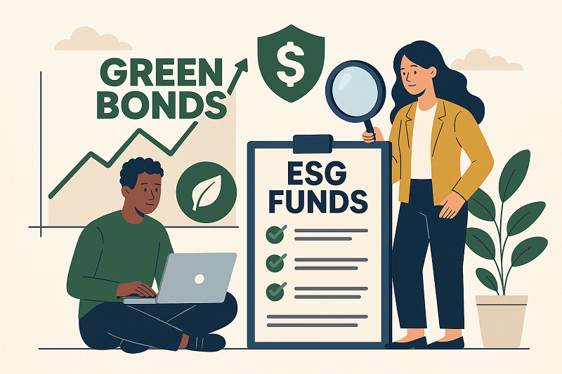 Two individuals analyzing sustainable investment options, symbolized by eco-friendly charts and growth indicators in a flat digital style illustration